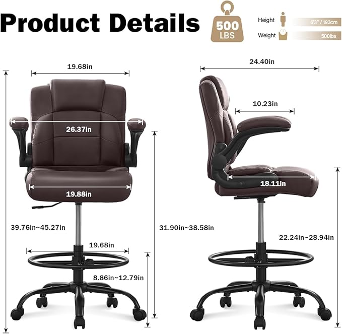 Ergonomic Drafting Chair,Tall Office Chair for Standing Desk with Flip-Up Armrests,Adjustable Foot Ring & Height, High Leather Executive Office Chair for Home,Drawing or Counter Height Use