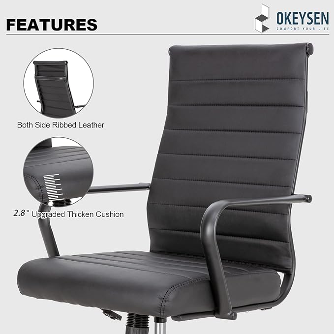 Okeysen Black Office Chair, Ergonomic Leather Modern Office Chair, Executive Ribbed Height Adjustable Swivel Rolling Chair for Home Office.