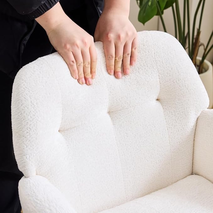 VINGLI Comfy Fuzzy Vanity Chair, Swivel Makeup Chair with Wheels, Upholstered Height Adjustable Armchair with Gold Base, Modern Ergonomic Desk Chair for Bedroom, Home Office, Pure White