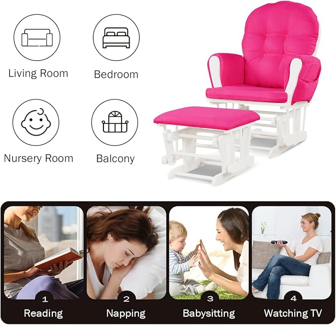 Costzon Nursery Glider with Ottoman, Upholstered Comfort Glider Rocker with Padded Cushion, Storage Pocket, Solid Wood Base, Rocking Chair Nursery for Breastfeeding, Napping (Deep Pink)