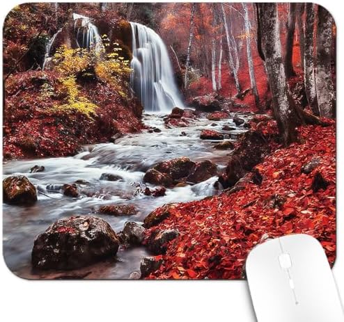 9.5x7.9 Inch Office/Gaming Mouse Pad, Autumn Waterfall Scenery Forest Stream & Fall Foliage, Cute Anti-Slip Mat for Desk Decor