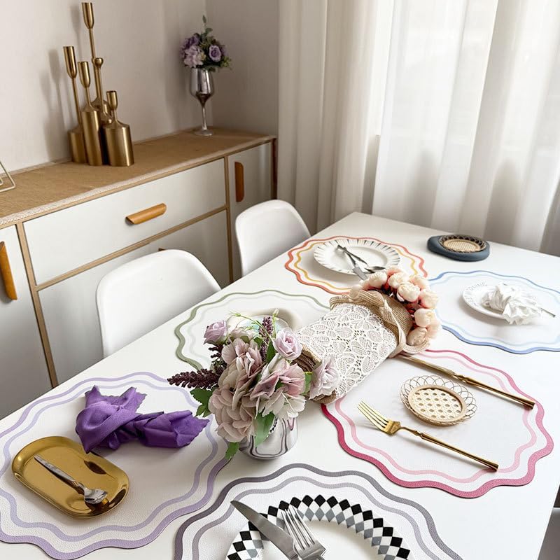Printed Flower Shape Leather Placemat Insulated Table Mat for Kitchen Dining Table Striped Waterproof Heat-Resistant Plate Mat (Flowers Light green1,34cm Round)