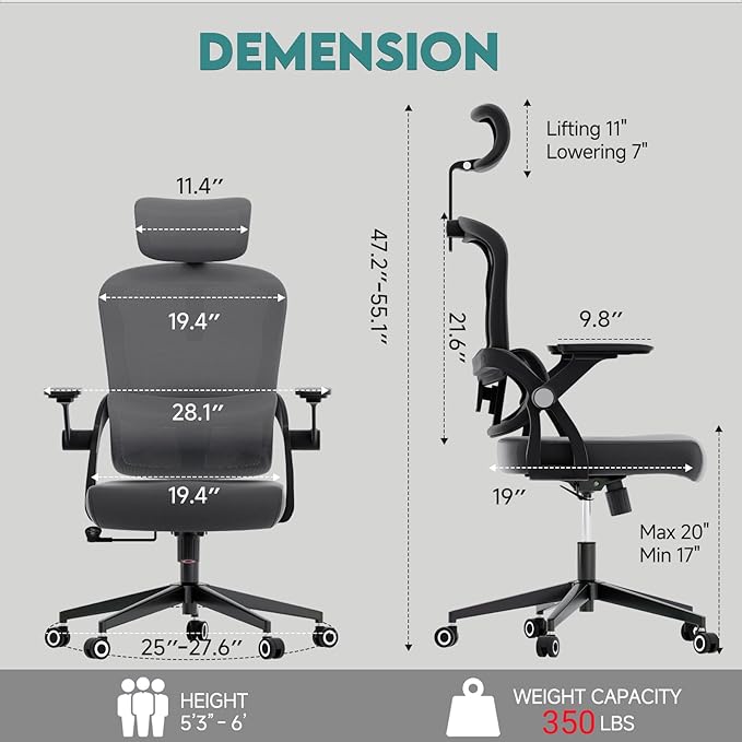 350 LBS Ergonomic Office Computer Mesh Chair - Adjustable Height Rolling Desk Chair with Flip-Up Armrests & High Back Support - Comfortable Swivel Task Chair for Home Office (01GREY)