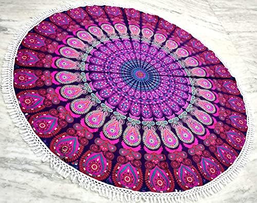 Round Beach Tapestry Turquoise Mandala Throw/Boho Hippie Beach Blanket Roundie/Indian Cotton Bohemian Large Round Table Cloth-Home Decor/Yoga Mat Meditation Picnic Rug (70", White And Pink)