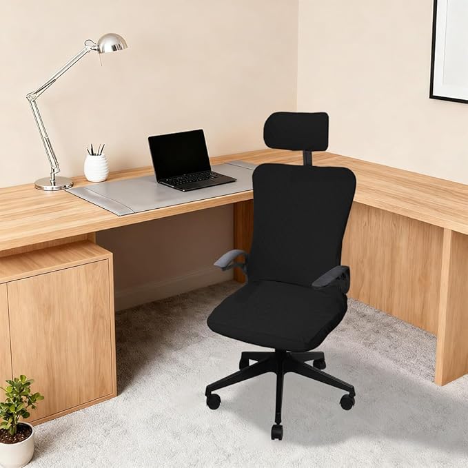 Ergonomic Office Chair Covers Set with Headrest Cover Stretch Desk Computer Chair and Headrest Slipcovers Washable Protector Slipcovers for Swivel Computer Chair 4 Pieces Black