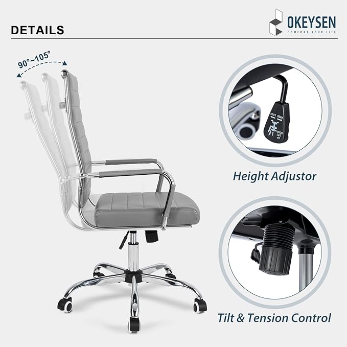 Okeysen Ergonomic Office Desk Chair, Modern PU Leather Conference Room Chairs Ribbed, High Back Executive Swivel Rolling Chair for Home, Office