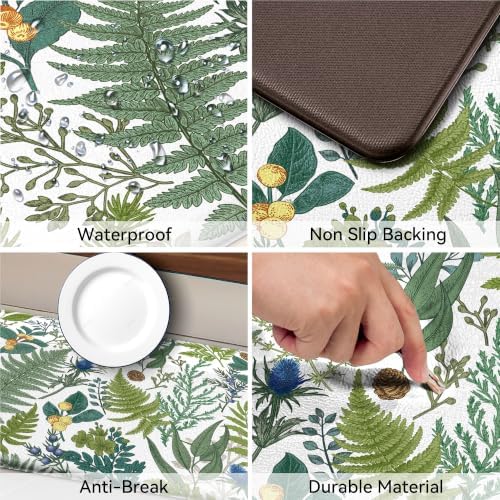 2PC Botanical Kitchen Rugs Set, White Green, 17.3"x28" + 17.3"x47"