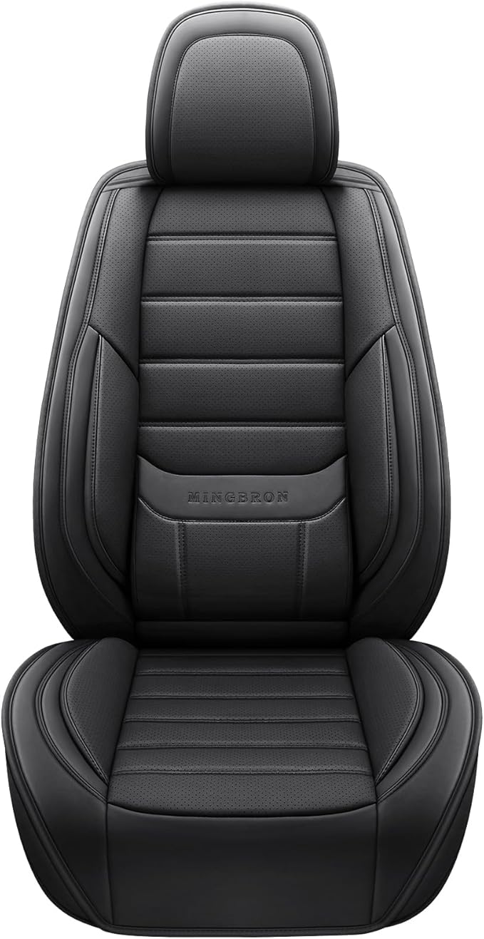 MINGBRON Black Car Seat Cover with Lumbar Support, Car Seat Protector Waterproof, Nappa Leather Car Seat Cushion, Car Seat Covers Front Seats and Back Fit for Most Cars