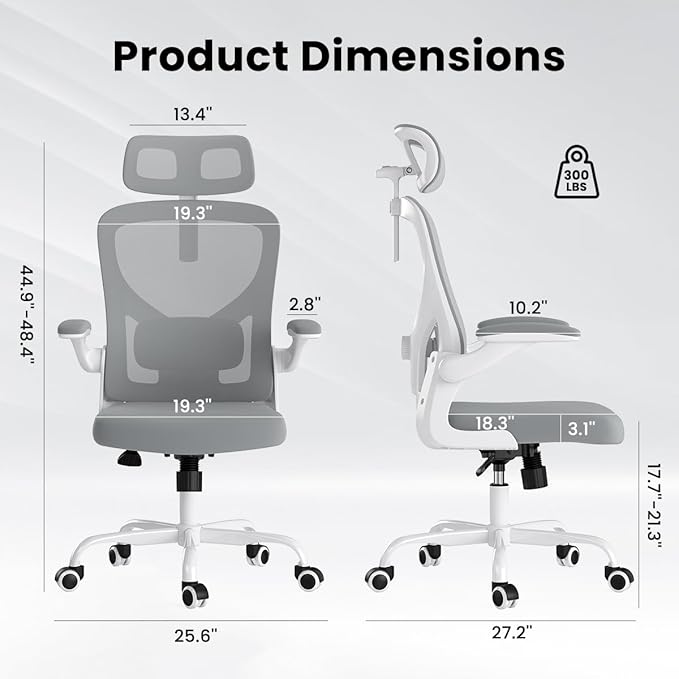 JOSHEN Breathable Mesh Elegance Office Chair, Modern Refined Office Chair with Adjustable Lumbar & Headrest, Minimalist Single Sofa Chairs for Home Office & Study, Gray,White