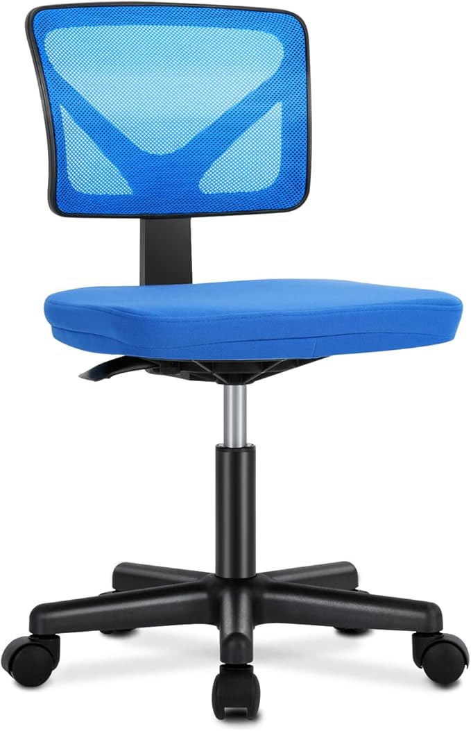 DUMOS Armless Office Chairs with Wheels Cute Home Desk Chair No Arms, Ergonomic Adjustable Swivel Rolling Task Chair, Comfy Mesh Mid Back Computer Work Vanity Chair for Small Spaces, Blue