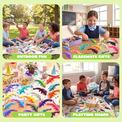 JOYIN 24 Pcs 3D Printed Articulated Mini Dragons, Flexible Crystal Dragon Fidget Toy Set, 3D Printed Animals for Party Favors, Classroom Prizes, Goodie Bag Fillers & Desk Decor