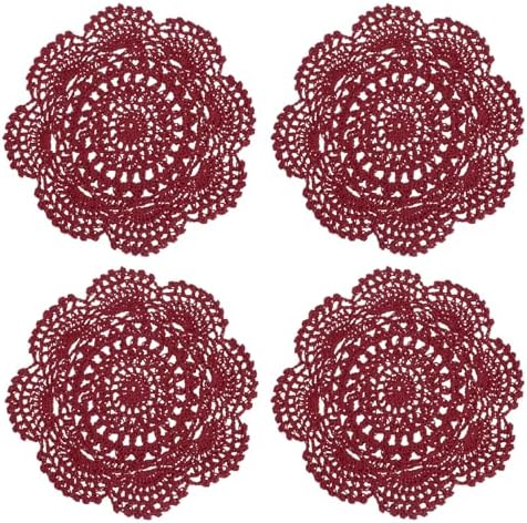 uxcell 4 Pcs Crochet Handmade Placemat Doilies for Table 7.9" Burgundy