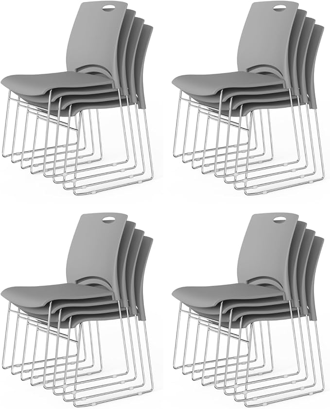 VINGLI Stacking Chairs Set of 12 Stackable Office Chairs with Metal Sled Base, Ergonomic Plastic Seat, Stacking Chairs for Waiting Room Break Room Banquet Guest, Grey