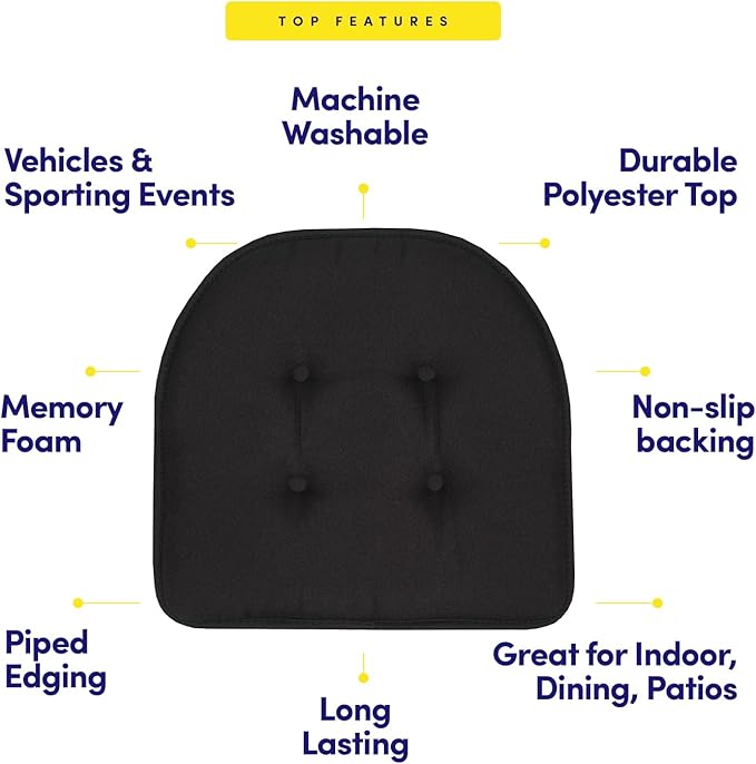 Sweet Home Collection Chair Cushion Memory Foam Pads Tufted Slip Non Skid Rubber Back U-Shaped 17" x 16" Seat Cover, 2 Count (Pack of 1), Black