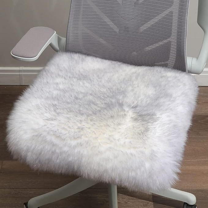 LLB Sheepskin Chair Cushion Non-Slip Back Square Genuine Fur Chair Cover Silky Natural Wool Seat Cushion Pad Soft Area Rugs Carpet for Home Office Restaurant Chair 18x18 Inch (Pack of 1), Grey Tip