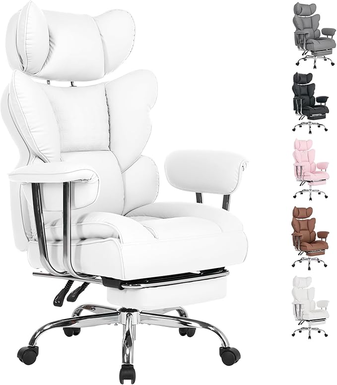 DUMOS Big and Tall Office Chair 350 LBS, Scratch-Resistant PU Leather Executive Office Desk Chair with Footrest, Ergonomic Reclining Computer Chair with Pocket Spring Support for Home Office, White