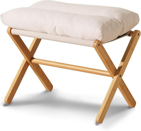Baveke Ottoman Foot Rest- Bamboo Foldable Stool, Foot Stools Small Ottman with Upholstered & X Legs, Folding Stool for Makeup, Bedroom and Living Room (Large Beige)