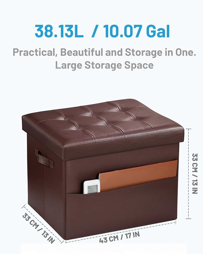 Bsketa Storage Ottoman Foot Rest Stool, Small Leather Storage Ottomans Bench, Folding Foot Stool with Handles Lid, Foot Rest Under Desk for Living Room Bedroom, 17x13x13 in, Brown