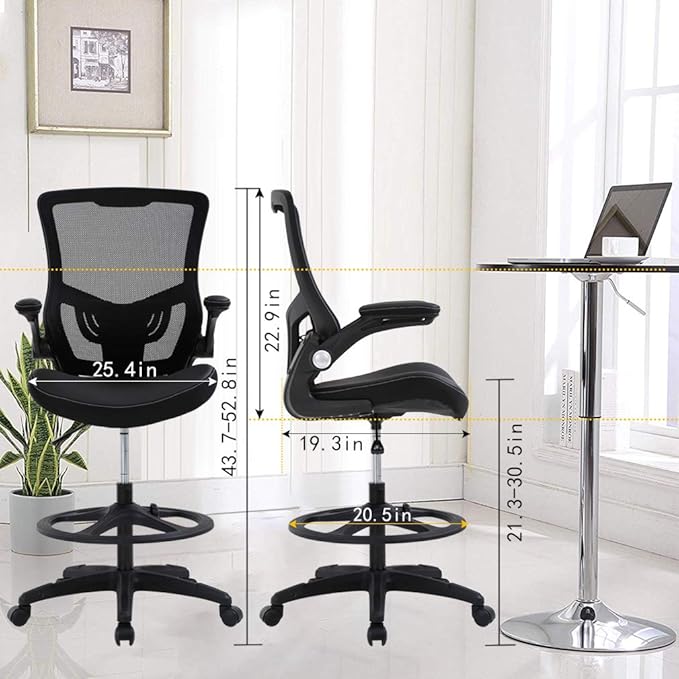 BestOffice Drafting Chair Ergonomic Tall Office Chair Standing Desk Chair with Flip Up Arms Foot Rest Back Support Adjustable Height Mesh Drafting Stool, Black