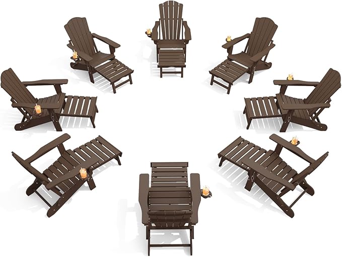 THOEOE Adjustable Adirondack Chair with Retractable Ottoman, HDEP Folding Adirondack Chairs with Footrest 2-in-1 Cup Holder, All Weather Outoor Fire Pit Chair with Foot Rest Set 8 Brown