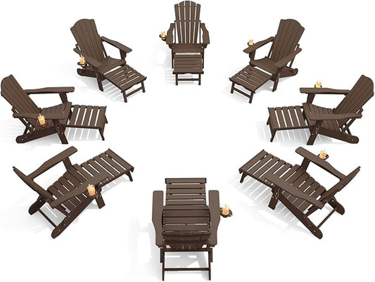 THOEOE Adjustable Adirondack Chair with Retractable Ottoman, HDEP Folding Adirondack Chairs with Footrest 2-in-1 Cup Holder, All Weather Outoor Fire Pit Chair with Foot Rest Set 8 Brown