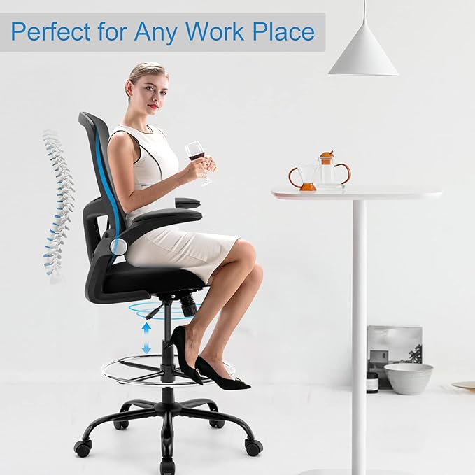 Drafting Chair,Tall Office Chair, Ergonomic Standing Desk Chair with Flip-up Armrests,Mid-Back Counter Height Computer Task Chair with Lumbar Support and Adjustable Footrest Ring,Black