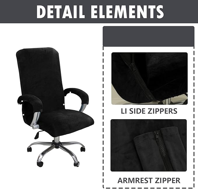 Velvet Plush Office Chair Cover with Armrests - Universal XL Size, Stretch Elastic fit for Desk Computer Chairs, Suitable for Pets and Children Friendly, Washable, Black