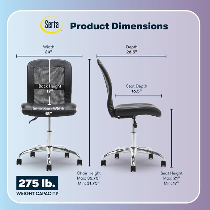 Serta Essential Armless Task Chair, Small Desk Chairs with Wheels, Breathable Mesh Back and Faux Leather, Quality Foam Cushion Seat for Comfort, Minimal Design for Vanity Table, Black