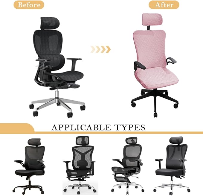 Ergonomic Office Chair Covers Set with Headrest Cover Stretch Desk Computer Chair and Headrest Slipcovers Washable Protector Slipcovers for Swivel Computer Chair 4 Pieces Princess Pink