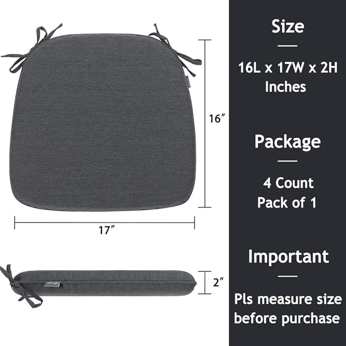 Magpie Fabrics 17"x16"x2" U-Shape Chair Cushions with Ties 4 Count, Outdoor Indoor Waterproof All Weather Seat Pads Decoration for Patio Garden Dining Office - Dark Gray