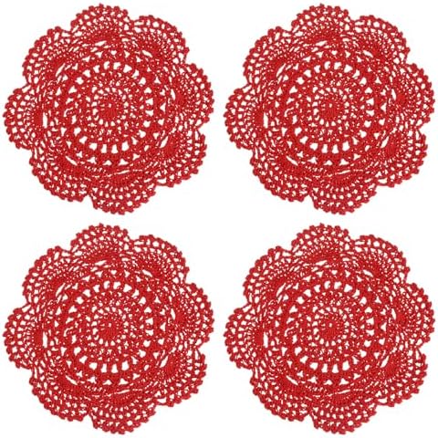 uxcell 4 Pcs Crochet Handmade Cotton Placemat Doilies for Table 7.9" Red