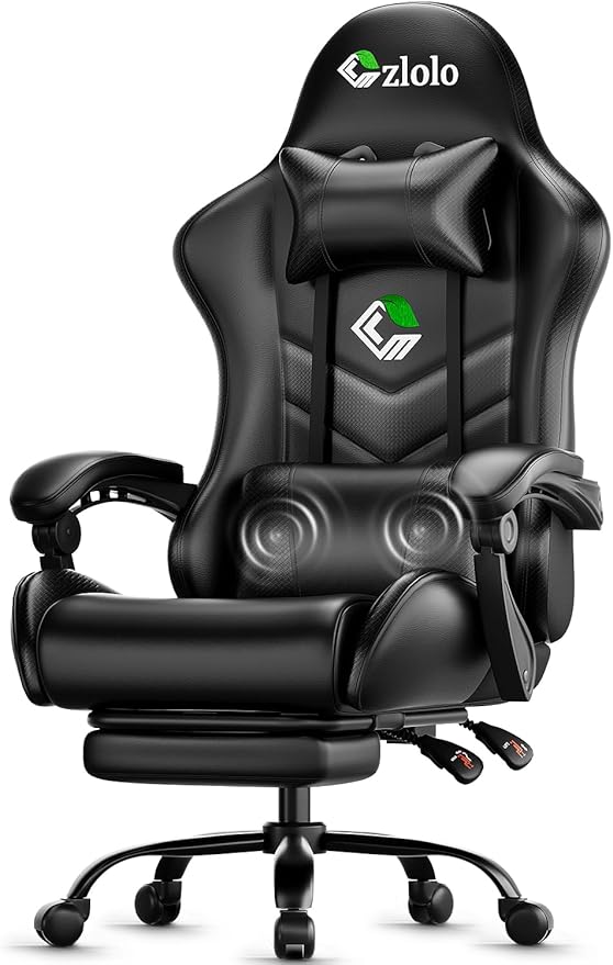 Czlolo Gaming Chair, Ergonomic Office Computer Chair with Footrest and Lumbar Support Massager Racing Style High Back Video Gamer Chair, Wide＆Thick Cushion, 90°-135° Recline, Adjustable Height, Black