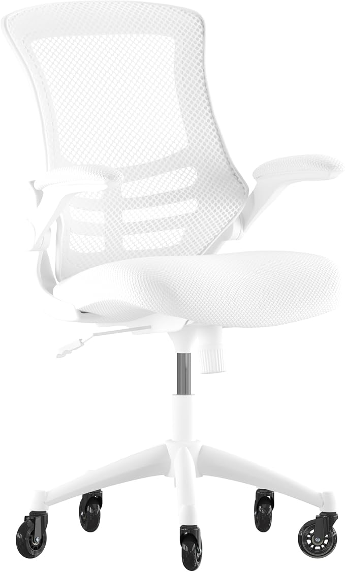 Flash Furniture Kelista Mid-Back White Mesh Swivel Ergonomic Task Office Chair with White Frame, Flip-Up Arms, and Transparent Roller Wheels