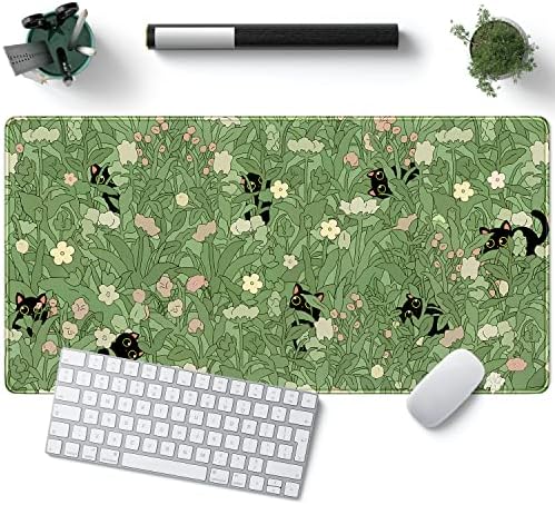 YKJWW Green Desk Mat Cat Cute Flower Plant Cool Desk Pad XXL Keyboard Mat