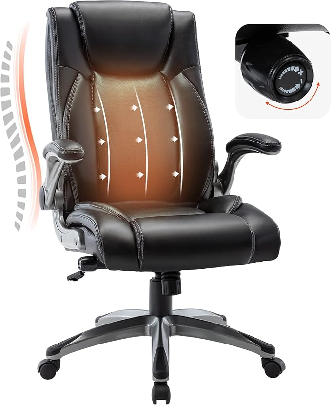 MALOL Executive Office Ergonomic Chair with Thick Bonded Leather, Flip-up Armrests, High Back Adjustable Height and Tilt for Working, Study, Gaming