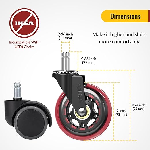 HOLKIE Gaming Chair Wheels - Silent Roller Blade Casters for Esports Rig Replacement - Heavy Duty 11x22mm - Smooth 360° Stealth Glide for Hardwood & Carpet - Set of 5 Red