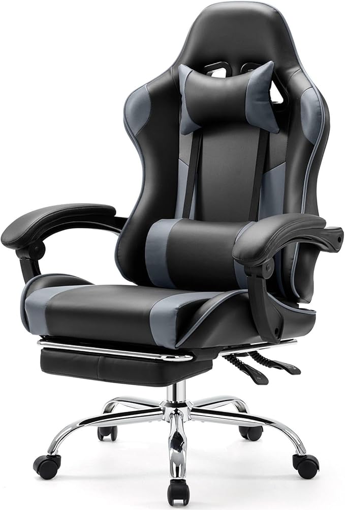 Sweetcrispy Computer Gaming Chair with Footrest, Ergonomic High Back PU Leather Video Racing Chair with Adjustable Headrest & Linkage Armrest, for Office and Home, Adults, Grey