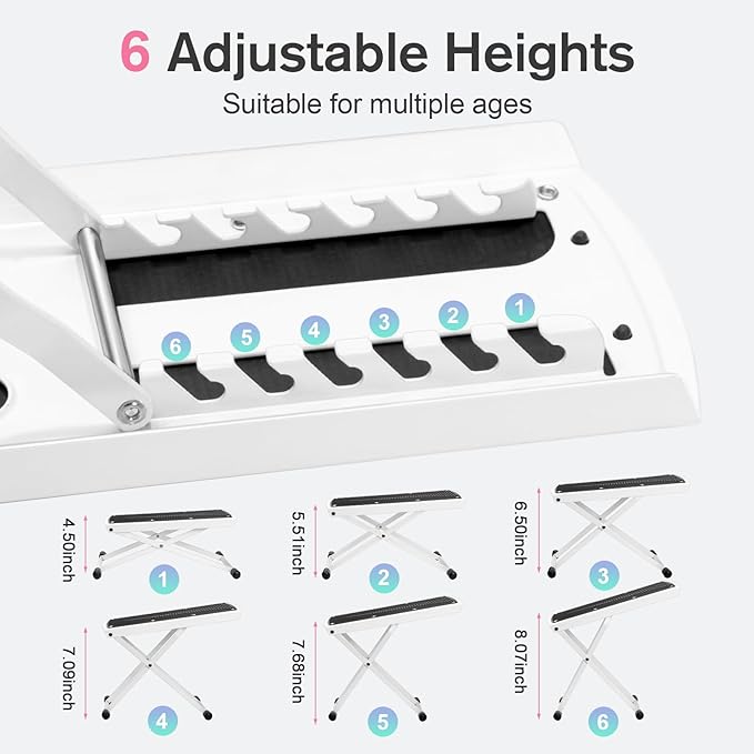 Subay Pedicure Foot Rest, 6-Height Adjustable, Foldable Non-Slip Foot Stand for Easy Home Pedicures, White