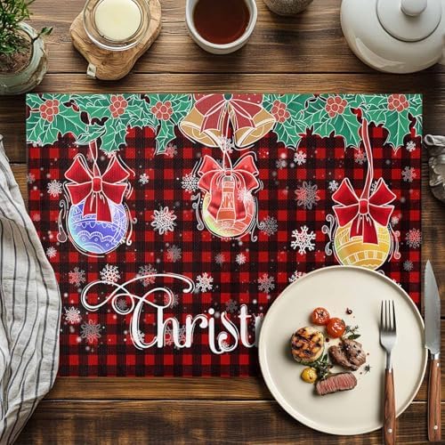 Balls Snowflake Placemats Set of 6, Xmas Plaid Decoration Washable Cotton Linen Table Mats for Kitchen Dining Table, Heat Insulation Place Mats for Indoor Outdoor Parties, Holiday Decorations