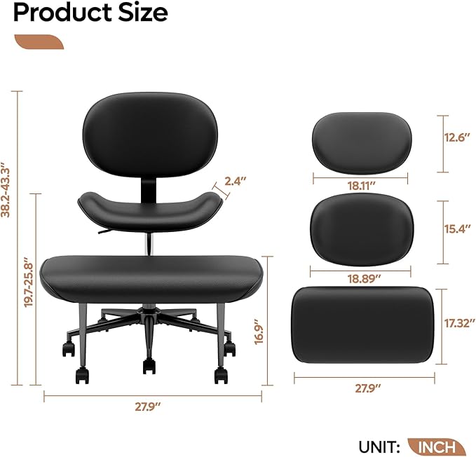 Pinmoco Upgraded Cross Legged Office Chair with Wheels, ADHD Chair for Adults, Wider Height Adjustable Backrest and Seat, Meditation Chair, Ergonomic & Yoga Office Chair, PU Leather, Black
