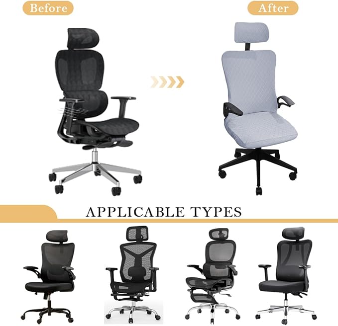 Ergonomic Office Chair Covers Set with Headrest Cover Stretch Desk Computer Chair and Headrest Slipcovers Washable Protector Slipcovers for Swivel Computer Chair 4 Pieces Silver Gray