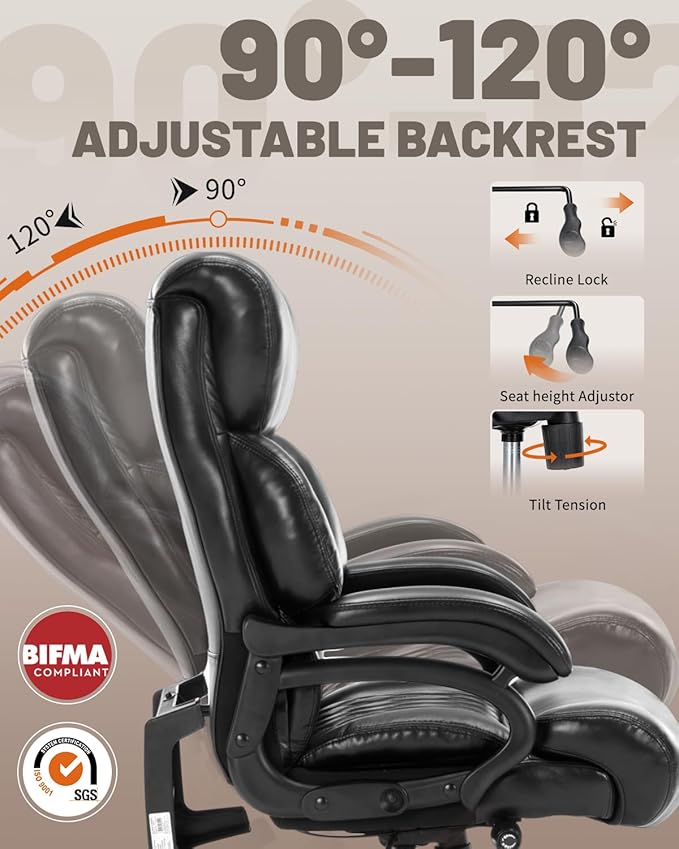 800LBS Heavy Duty Office Chair & Massage Footrest Big & Tall Executive Chair with Adjustable Lumbar Support, PU Leather, Extra Wide Seat for Comfort