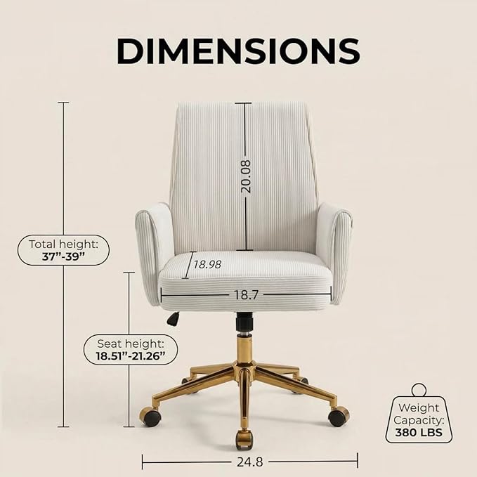 Striped Velvet Office Chair, 360° Swivel Ergonomic Task Chair with High Back, Gold Base and Wheels, Height Adjustable Modern Accent Chair for Home Office, Living Room, Study, Vanity Room (White)