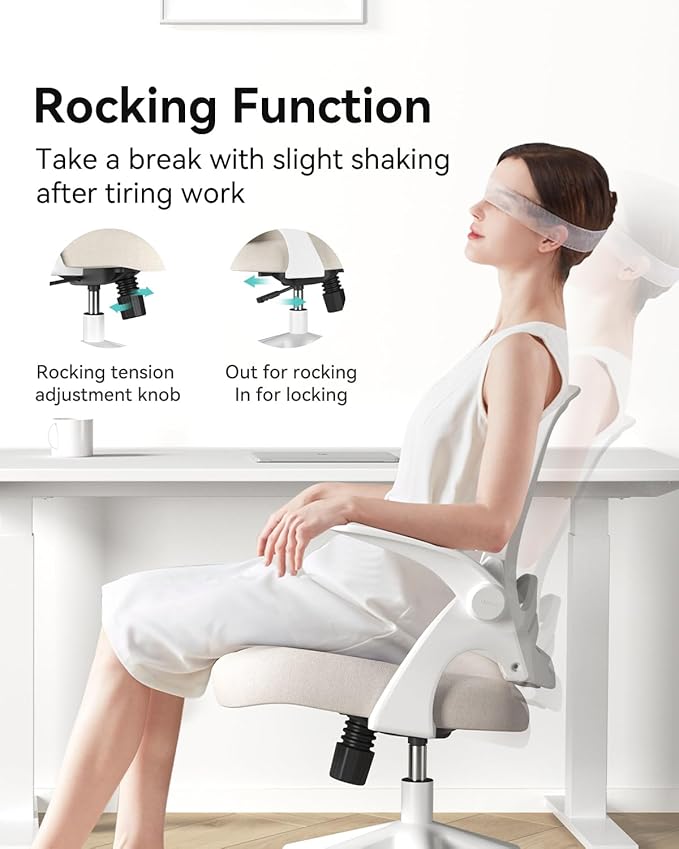 Hbada Office Desk Chair with Flip-Up Armrests and Saddle Cushion, Ergonomic Office Chair with S-Shaped Backrest, Swivel, Mesh, Grey
