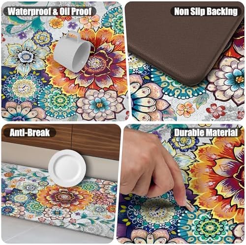 Floral Kitchen Rugs Mats for Floor 2 Piece Flowers Anti Fatigue Kitchen Mats Non Slip Cushioned Comfort Standing Mat for Sink, Office, Laundry, 17.3x28+17.3x47 Inch