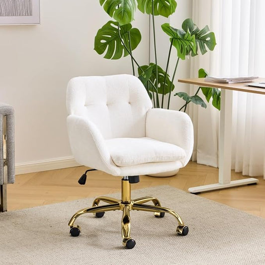 VINGLI Comfy Fuzzy Vanity Chair, Swivel Makeup Chair with Wheels, Upholstered Height Adjustable Armchair with Gold Base, Modern Ergonomic Desk Chair for Bedroom, Home Office, Pure White