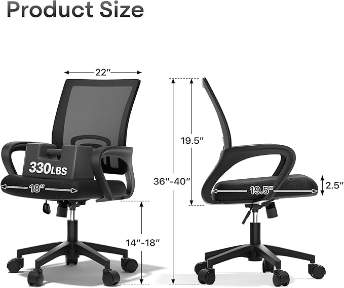 Ergonomic Office Chair 24P - 330Lbs, Breathable Mesh Computer Desk Chair with Lumbar Support & Armrest, Rolling Swivel Adjustable Tilt Lock for Home Office/Gaming, Bedroom Study