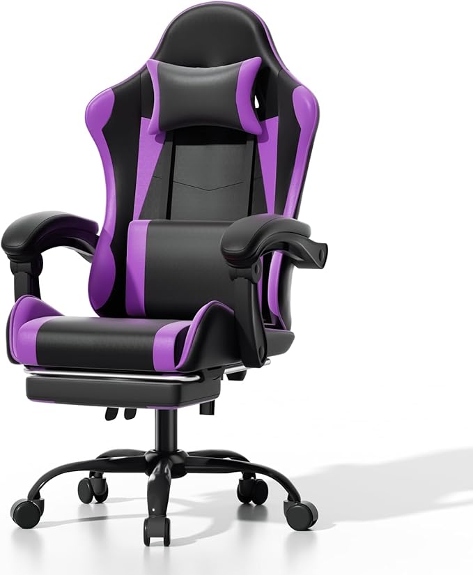 Athena Collection Gaming Chair, Ergonomic Gaming Chair with Footrest & Headrest Lumbar Support, Height Adjustable Swivel Computer Chair Office Chair for Kids Adults(Purple)