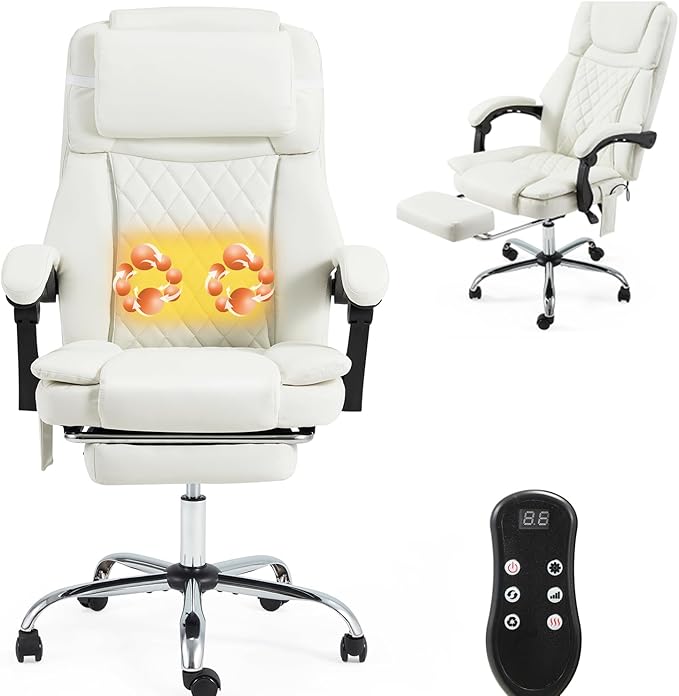 HOMREST 3D Kneading Massage Office Chair with 16 Kneading Nodes & Lumbar Support,Ergonomic Reclining Desk Chair with Footrest & Linkage Armrests,PU Leather Executive Chair with for Home Office (White)