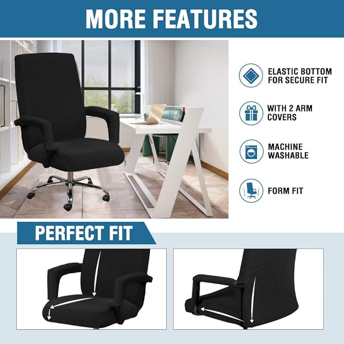 H.VERSAILTEX Home Office Chair Covers Stretchable Computer Desk Chair Covers Mid - High Back Universal Executive Boss Gaming Seat Cover Removable Machine Washable，Non Slip Thick Jacquard, Black- Large